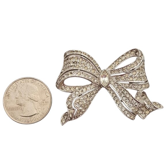 Silver Tone Clear Rhinestone Bow Brooch Rhodium Plated L867 - Picture 7 of 10